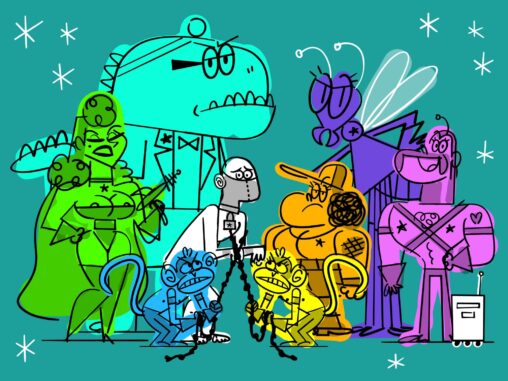 Rough illustration showing several cartoon characters from Frank Bottom comix.
