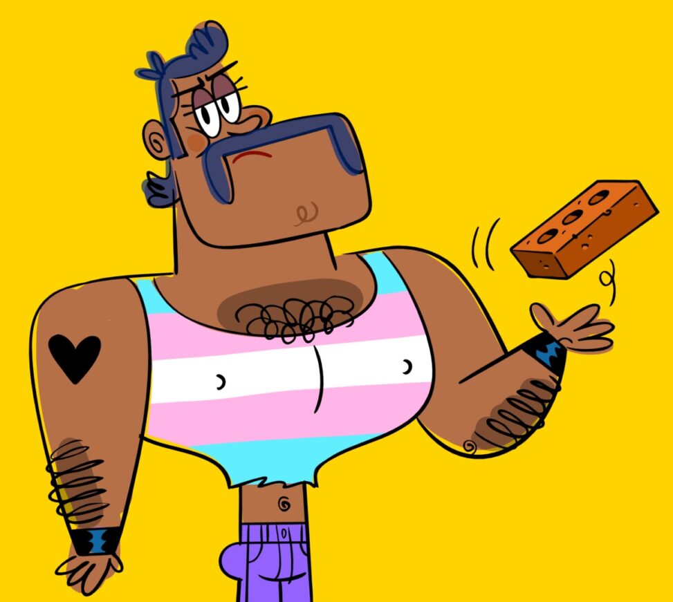 Cartoon illustration of a moustachioed, hairy-chested Brown trans man flipping a brick. He is wearing a crop top with the Trans flag colours, and glaring defiantly at the viewer.