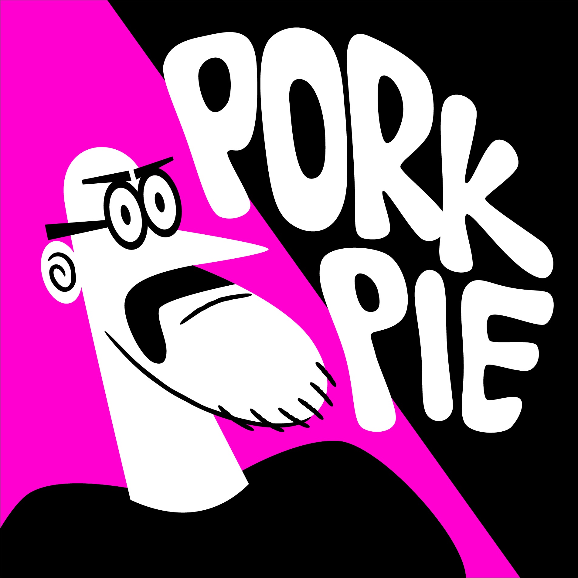 Cartoon illustration of a cranky looking man with glasses and a moustache, with the words PORK PIE above his head.