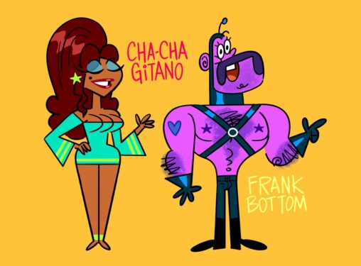 Two cartoon characters against a yellow background. On the left is a brown Latinx woman in big bouffant 60s hairdo, a mint-green mini-skirt, heavy makeup, and with three breasts. Next to her is Frank, a purple-skinned trans man, wearing a leather-daddy ensemble, showing off his handlebar moustache, hairy chest, and star-shaped nipples.