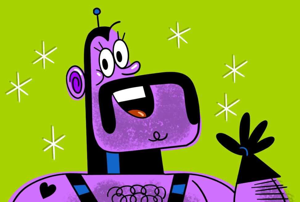 Closeup of cartoon character Frank Bottom. He is purple-skinned, wearing black leather, and sporting a handlebar moustache. He's waving happily at the viewer. The background is green with a few white stars.
