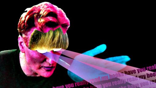 Photo illustration of Conan O'Brien with lasers coming out of his eyes. The words "have you really read my books" are repeated multiple times in the bottom right corner.